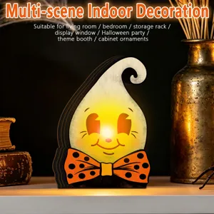 Detailed view of glowing wooden Halloween ghost ornament, perfect for spooky indoor seasonal decor.