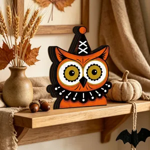 Halloween wooden owl figurine retro tabletop decoration for home holiday party display setup