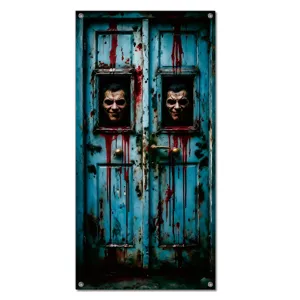 Halloween scary bloody blue door banner hanging curtain spooky party decoration fabric prop.