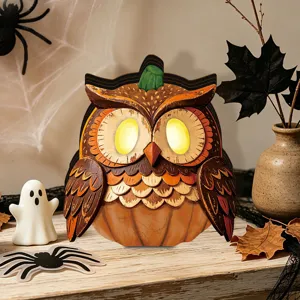 Halloween wooden glowing owl pumpkin ornament tabletop decor for home holiday party festival