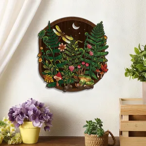 Bohemian wooden wall art featuring a nature forest frog and fern design for home decor.