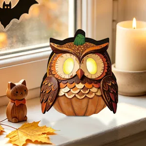 Halloween wooden glowing owl pumpkin ornament vintage desktop home holiday decoration