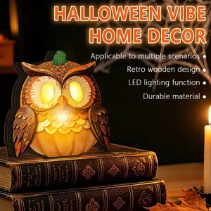 Detail shot of retro wooden owl LED decoration on books, perfect for Halloween home ambiance.