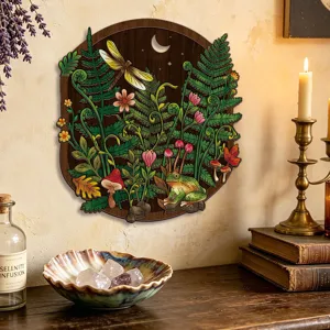 Bohemian wooden wall art plaque featuring botanical fern frog and dragonfly design for home decor.