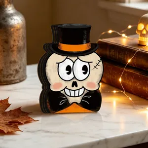 Halloween wooden glowing skeleton tabletop ornament retro style holiday home decor detail