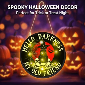 Cartello Sospeso in Legno Luminoso LED di Halloween Gatto Nero Teschio Strega Placca da Parete Decorazione per Feste