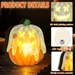 Halloween wooden LED light pumpkin tabletop ornament retro home decor party supply