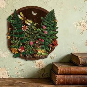 Wooden wall art detail, bohemian style nature scene with frog and fern, home decor.