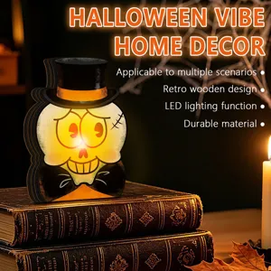 Halloween wooden LED skull light retro desktop decoration for home holiday party decor.