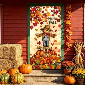 Autumn Thanksgiving door banner decoration with cute scarecrow and pumpkins for home.