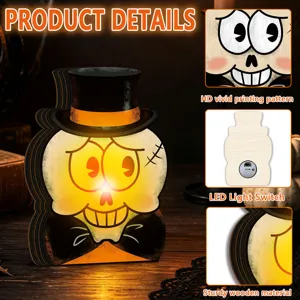 Halloween wooden glowing ornament vintage skull led light tabletop festival decor