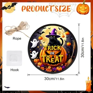 Targhetta Sospesa Gatto Nero Halloween Decorazione murale rotonda con corda 30cm