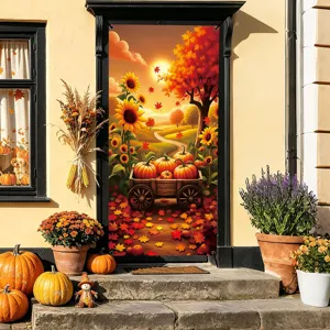 Autumn Thanksgiving door banner featuring pumpkins and sunflowers for festive home decor.