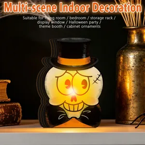 Halloween wooden light-up ornament retro cartoon skull desktop decor for indoor party.