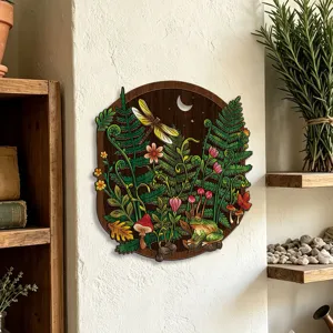 Wooden wall art hanging, bohemian botanical print with fern, frog, and dragonfly nature decor.