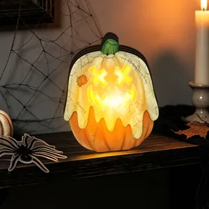 Halloween wooden glowing pumpkin ornament vintage tabletop decor for home party festival.
