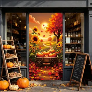 Thanksgiving autumn pumpkin sunflower hanging banner door curtain detail scene display.