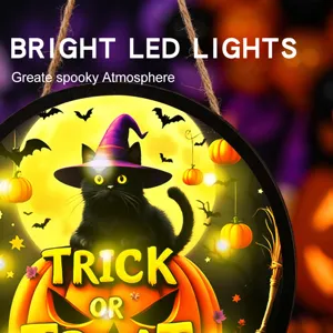 Cartello appeso gatto nero luminoso di Halloween con luci LED per decorazione parete.