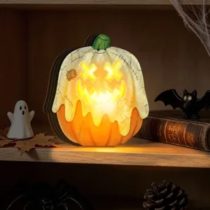 Halloween wooden glowing pumpkin ornament retro desktop night light festival party decor