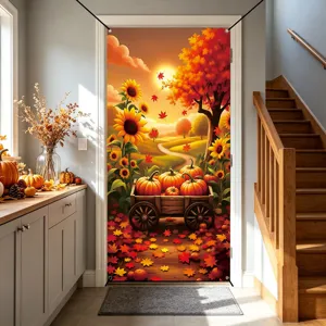 Fall Thanksgiving door curtain featuring autumn pumpkin and maple leaf harvest design.