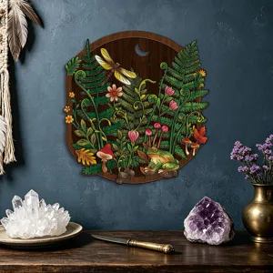 Wooden wall art hanging bohemian nature decor round wooden plaque with fern frog design