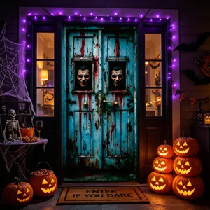 Halloween door banner detail, spooky bloody wooden door design for party holiday decor.