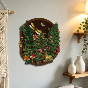 Wooden wall art featuring nature forest design, bohemian style boho decor detail for home.