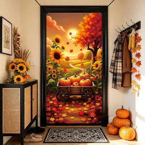 Detail shot of Thanksgiving autumn door curtain featuring vibrant pumpkins and sunflower prints.