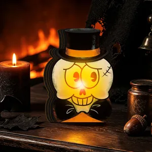Halloween LED wooden glowing skull ornament vintage tabletop decoration home party props