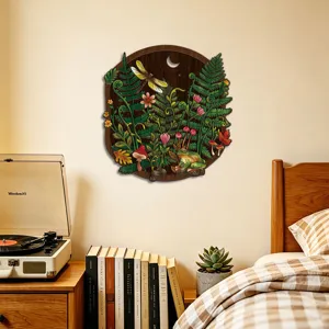 Wooden wall art featuring forest nature design, bohemian style botanical decor for bedroom home.