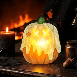 Halloween wooden light-up pumpkin ornament, vintage LED decor piece for holiday tabletop.