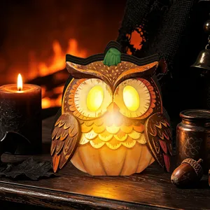 Halloween wooden glowing owl pumpkin ornament tabletop decor retro holiday lights home decoration