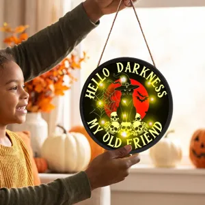 Cartello appeso luminoso di Halloween con gatto nero e teschio per decorazione murale di festa.