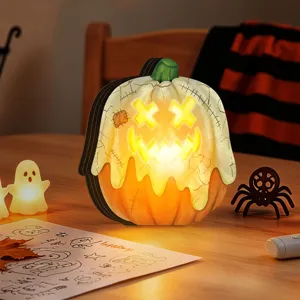 Halloween wooden light-up pumpkin ornament, vintage glowing tabletop decor for home festival.