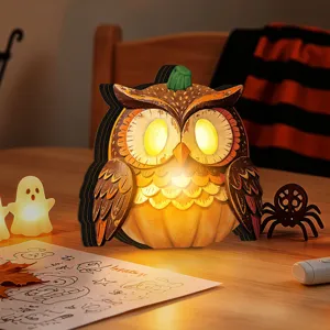 Halloween wooden luminous owl pumpkin ornament, retro LED desktop decor for holiday home party setup.