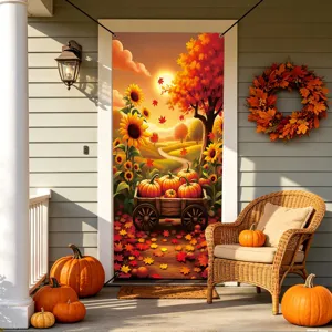 Autumn Thanksgiving porch banner detail showing pumpkin wagon, sunflowers and vibrant fall foliage decor.