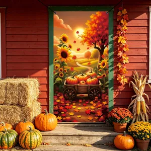 Autumn Thanksgiving door curtain decoration, harvest pumpkin sunflower print fabric banner.