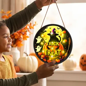 Targa sospesa luminosa di Halloween gatto nero zucca decorazione da parete festa