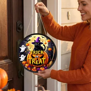 Decorazione sospesa Halloween gatto nero zucca cartello murale per festa e porta casa
