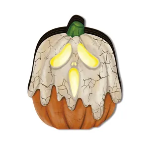 Halloween wooden glowing pumpkin ornament, spooky ghost face design, home holiday decor details.