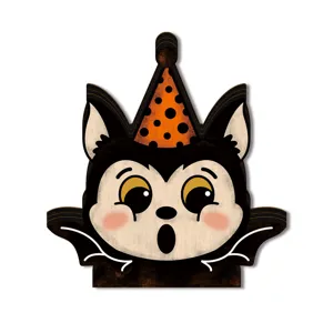 Halloween vintage wooden bat LED light ornament tabletop holiday decor detail view.
