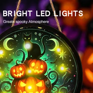 Cartello sospeso LED Halloween rotondo decorazione murale festa spaventosa zucca luminosa