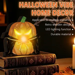 Halloween wooden pumpkin LED light decoration vintage retro home tabletop party indoor festival decor