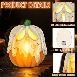 Halloween wooden glowing pumpkin ornament vintage tabletop decor spooky night light display