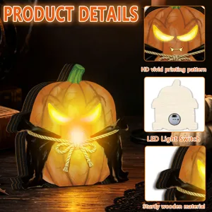 Halloween wooden glowing pumpkin ornament detail showing LED light switch and vivid print.