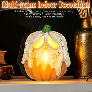 Halloween wooden glowing pumpkin ornament detail showing vintage ghost design for decor.
