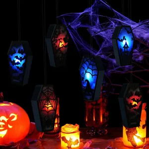 Halloween hanging coffin LED light detail shot, glowing spooky decor for party scene atmosphere