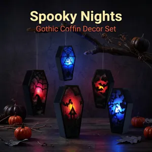 Halloween LED hanging coffin decor set, spooky night party glowing props and pendants.