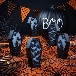 Halloween LED glowing coffin decorations with bat and castle silhouettes for party props.