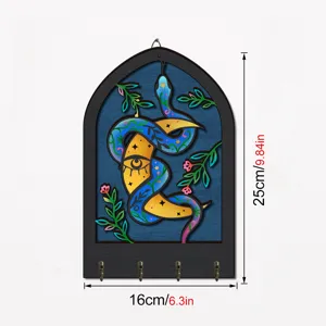 Bohemian wooden key holder wall mount with snake moon design, 4 hooks for home decor.